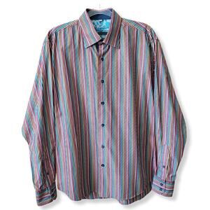 Visconti Men Stripe Button Down Shirt L Luxury Preppy Tailored Classic Casual